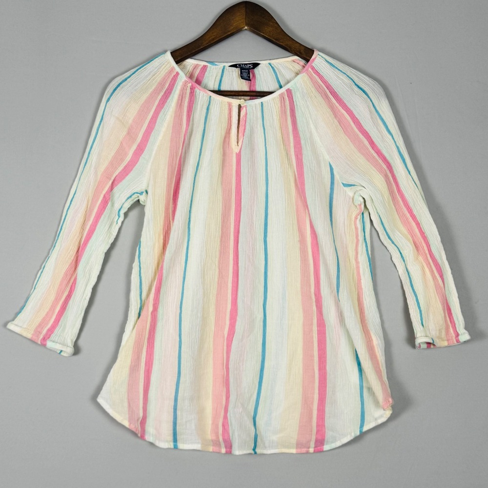 Chaps Denim Blouse Womens Small Multi Stripe NWOT Cotton Gauze 3/4 Sleeve